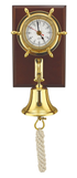 Ship's bell with steering wheel clock, brass with wooden plank